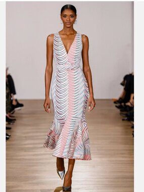 Badgley Mischka Belted Chevron-Print Mermaid Midi Dress